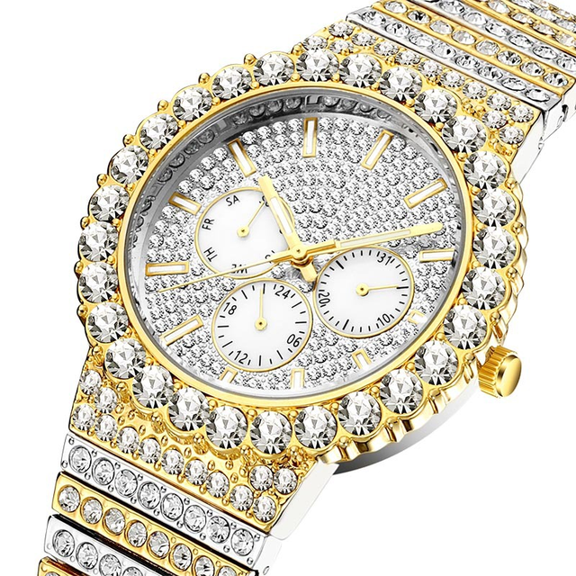 Męski zegarek kwarcowy z diamentami Iced Out Bling AAA, wodoszczelny z kalendarzem - Wianko - 9