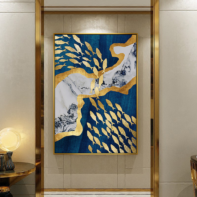 Obraz dekoracyjny Nordic Spray - abstrakcyjny niebieski Ocean, żółte ryby, księżyc - plótno o wymiarach XYZ - Wianko - 7