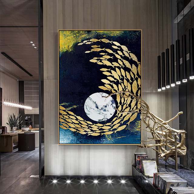 Obraz dekoracyjny Nordic Spray - abstrakcyjny niebieski Ocean, żółte ryby, księżyc - plótno o wymiarach XYZ - Wianko - 8