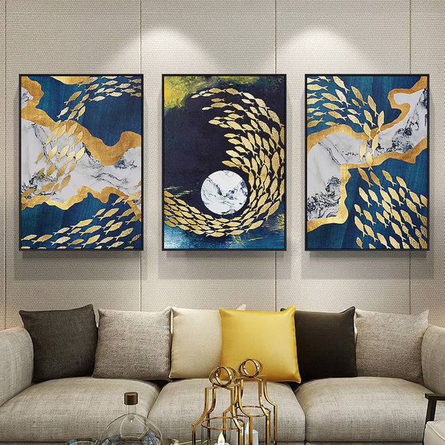 Obraz dekoracyjny Nordic Spray - abstrakcyjny niebieski Ocean, żółte ryby, księżyc - plótno o wymiarach XYZ - Wianko - 6