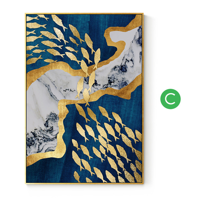 Obraz dekoracyjny Nordic Spray - abstrakcyjny niebieski Ocean, żółte ryby, księżyc - plótno o wymiarach XYZ - Wianko - 5