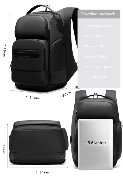 Wodoodporny plecak na laptopa 15 cali czarny dla mężczyzn z zewnętrzną kieszenią podróżna torba 2020 - Wianko - 3