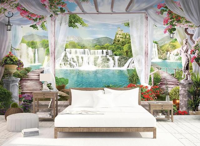 Niestandardowa tapeta 3D z pięknym, bajkowym wodospadem na tle ściany - idealna dekoracja salonu i sypialni - Wianko - 5