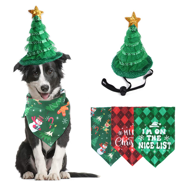 Zestaw bożonarodzeniowy dla psa: kapelusz, trójkątny szalik i obroża - 2021 Nowość - Wianko - 2