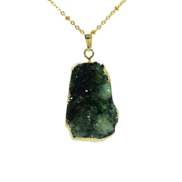Wisiorek zielony surowy kryształ kwarcowy w formie klastra z dużym losowym kamieniem druzy, zakonczony 24k złoceniem + akcesoria geode gem - Wianko - 5