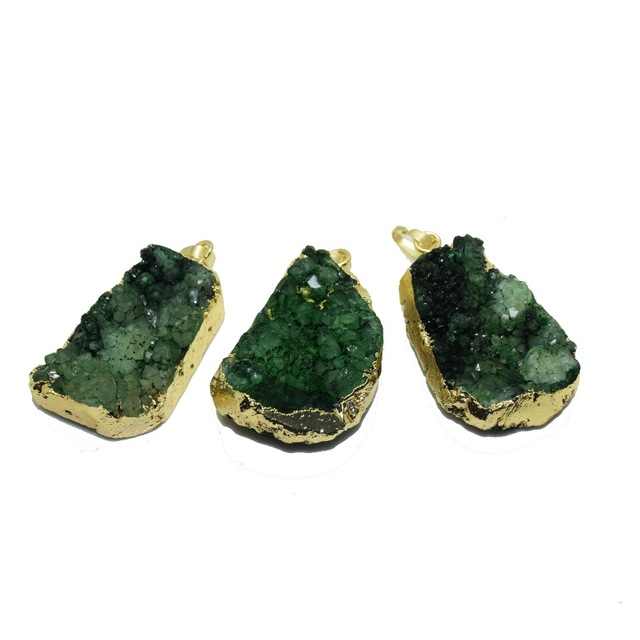 Wisiorek zielony surowy kryształ kwarcowy w formie klastra z dużym losowym kamieniem druzy, zakonczony 24k złoceniem + akcesoria geode gem - Wianko - 4