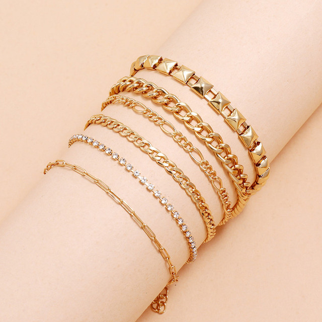 Zestaw 6 sztuk złotych bransoletek z kryształami - moda Vintage masywny łańcuch wielowarstwowy dla kobiet - Wianko - 4
