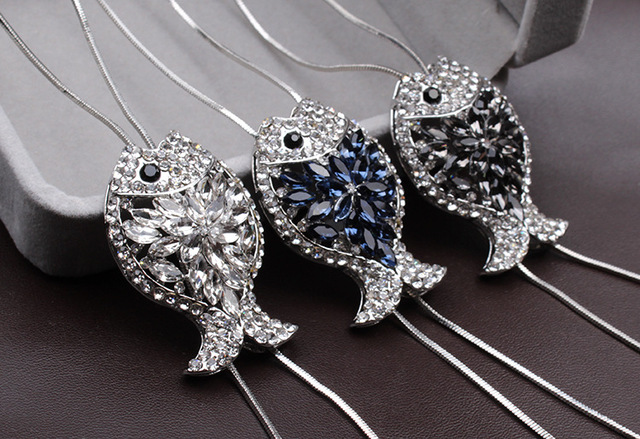 Naszyjnik z wisiorkiem w kształcie ryby srebrny - długi łańcuszek, szary niebieski cyrkon kryształ - Wianko - 4