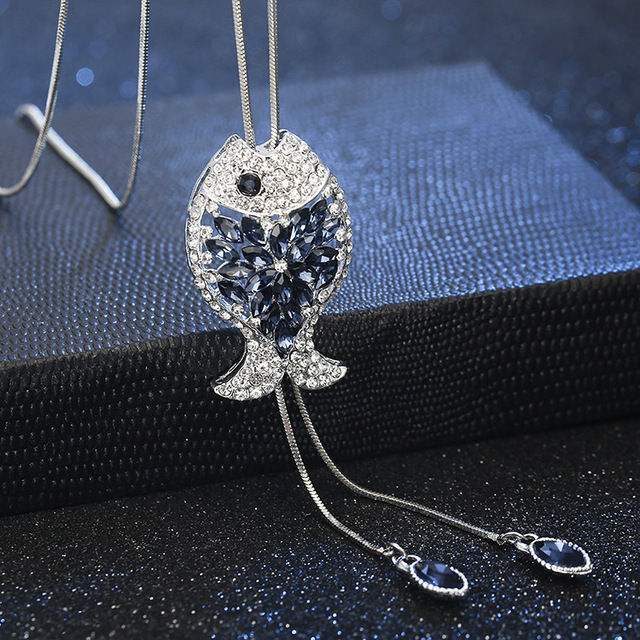 Naszyjnik z wisiorkiem w kształcie ryby srebrny - długi łańcuszek, szary niebieski cyrkon kryształ - Wianko - 17