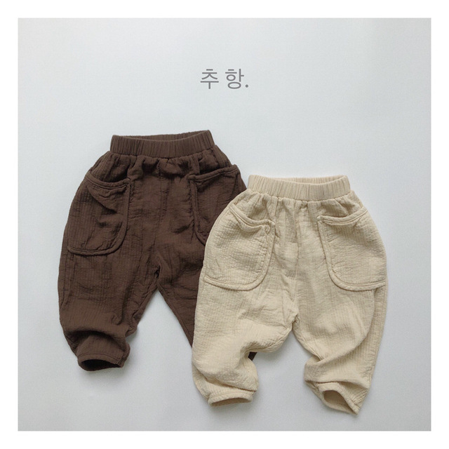 Spodnie dziecięce w nowym stylu: Jesień 2021, niemowlęce, chłopcy, dziewczynki, długie, bawełniane, luźne, rzepy, jednolity kolor - Wianko - 2