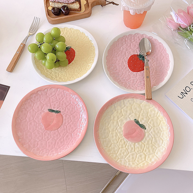 Płyta ceramiczna do jedzenia o kształcie kwiatka z truskawką i brzoskwinią - Wianko - 3