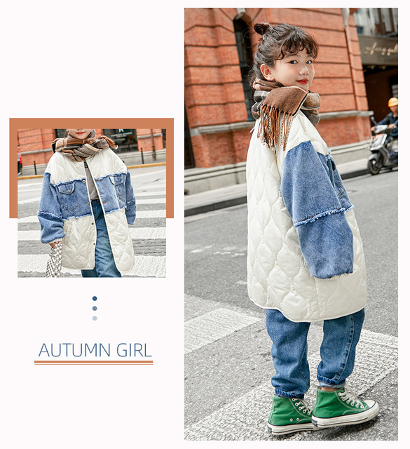 Dziewczęcy płaszcz zimowy średniej długości w nowym dziecięcym denim patchworku, idealny na wiosnę - Wianko - 8