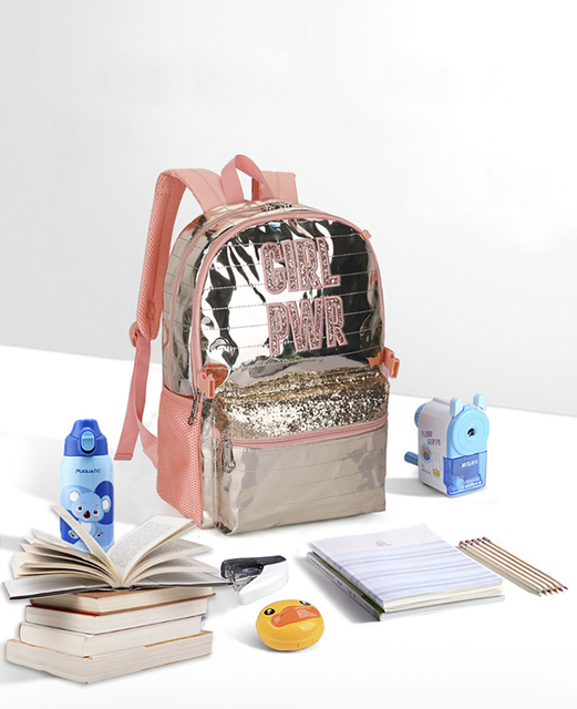 Torba szkolna dla nastolatek, wodoodporna, chroni kręgosłup, z odpinaną torbą na lunch, dla dziewczynek, z cekinami - Wianko - 3