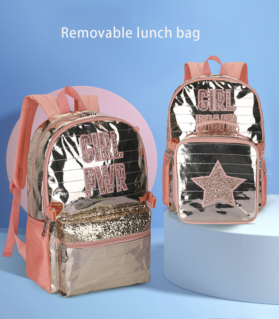 Torba szkolna dla nastolatek, wodoodporna, chroni kręgosłup, z odpinaną torbą na lunch, dla dziewczynek, z cekinami - Wianko - 1