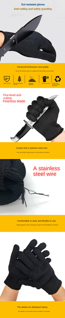 Rękawice ochronne z drutu stalowego do pracy i samoobrony, czarne, Anti-Cut, narzędzia do czyszczenia - Wianko - 1
