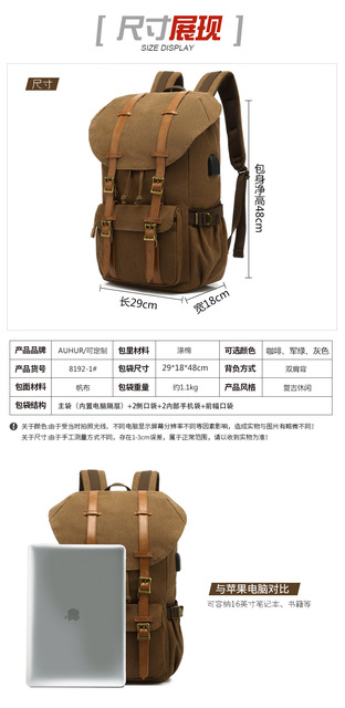 2020 AUGUR Plecak Vintage Płócienny 15.6 cala - Modny Plecak na Laptopa z Ładowaniem USB - Wianko - 1