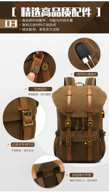 2020 AUGUR Plecak Vintage Płócienny 15.6 cala - Modny Plecak na Laptopa z Ładowaniem USB - Wianko - 11