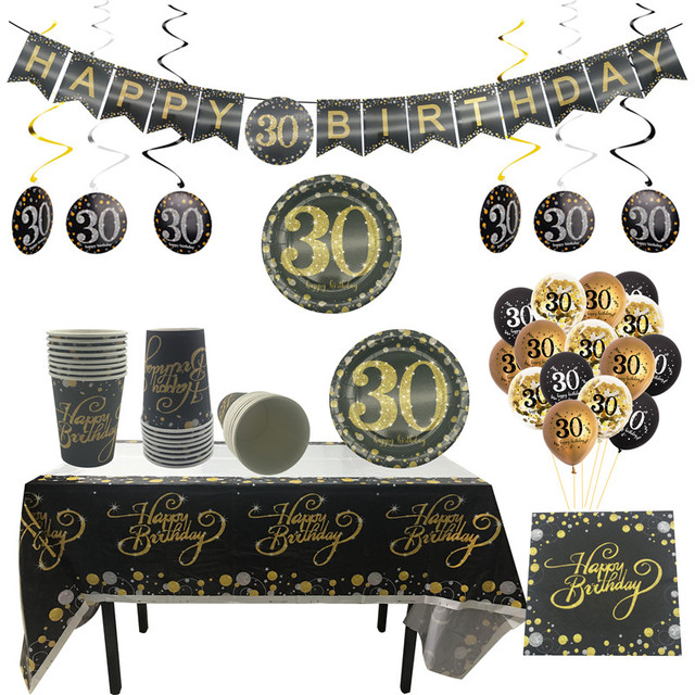 Czarno-złote jednorazowe naczynia na urodzinową imprezę dla kobiet i mężczyzn - talerze, kubki, serwetki, obrus - 30, 40, 50, 60 urodziny - Wianko - 1