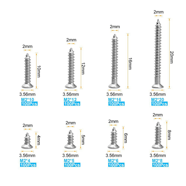 Zestaw 800 śrub samogwintujących ze stali nierdzewnej M2x4, M2x5, M2x6, M2x8, M2x10 z nakrętkami zabezpieczającymi do drewna - Wianko - 3