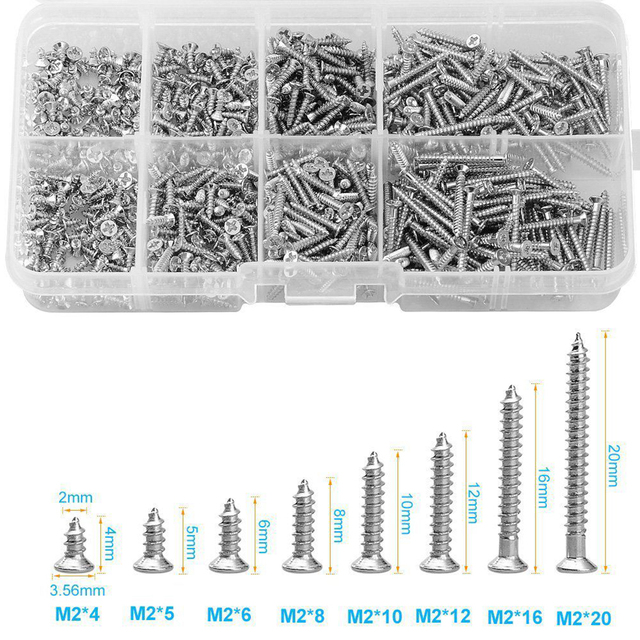 Zestaw 800 śrub samogwintujących ze stali nierdzewnej M2x4, M2x5, M2x6, M2x8, M2x10 z nakrętkami zabezpieczającymi do drewna - Wianko - 4