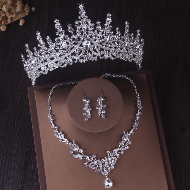 Zestaw biżuterii ślubnej - Luksusowy srebrny diadem barokowy z kryształami, a także naszyjnik i kolczyki z Rhinestone dla nowożeńców - Wianko - 1