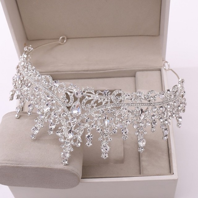 Zestaw biżuterii ślubnej - Luksusowy srebrny diadem barokowy z kryształami, a także naszyjnik i kolczyki z Rhinestone dla nowożeńców - Wianko - 4