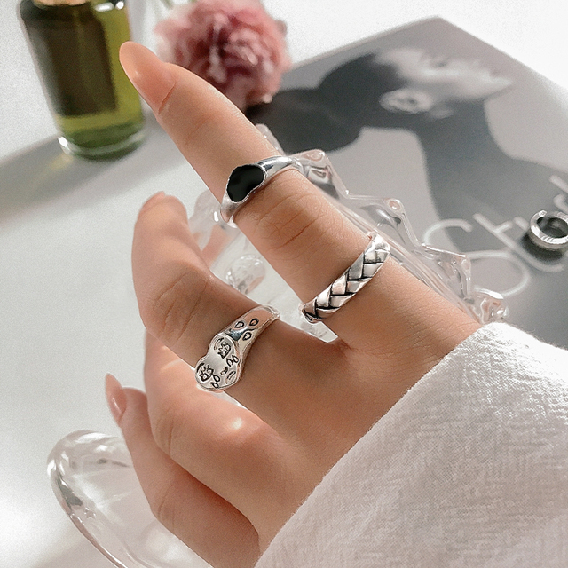 11 stylów starożytnych srebrnych pierścionków na palec wskazujący z sercem – kolekcja koreańskiego vintage z łańcuszkiem - Wianko - 2
