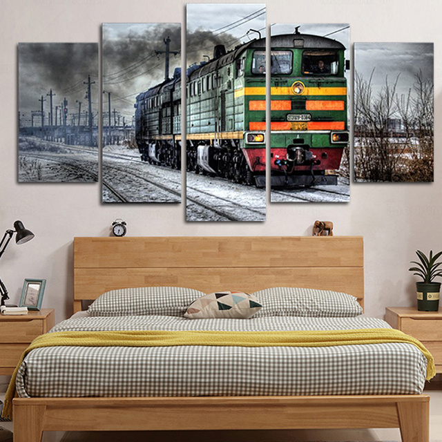Obraz dekoracyjny na płótnie - Stary lokomotywa - 5 paneli - Krajobraz - Nowoczesny - HD druk - Wianko - 4