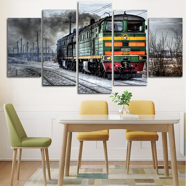 Obraz dekoracyjny na płótnie - Stary lokomotywa - 5 paneli - Krajobraz - Nowoczesny - HD druk - Wianko - 3