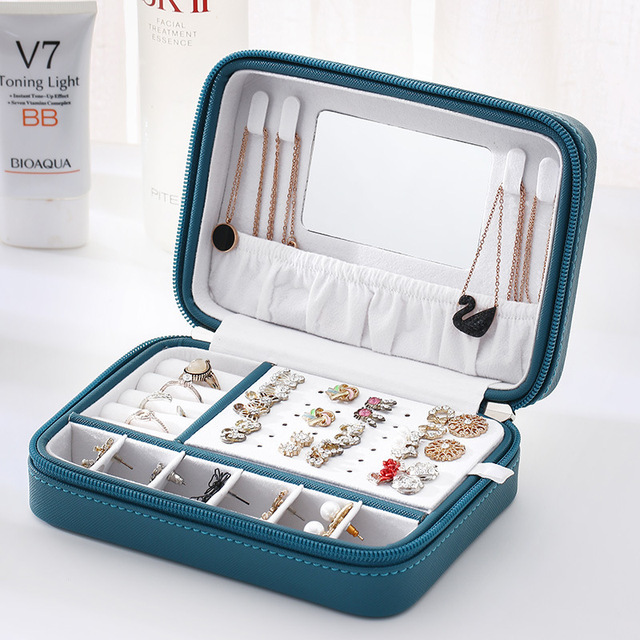 Nowe pudełko na biżuterię z zamkiem błyskawicznym i lustrem - wykwintne PU skórzane pudełko przenośne, idealne do przechowywania kolczyków z anty-upadkiem - Wianko - 3