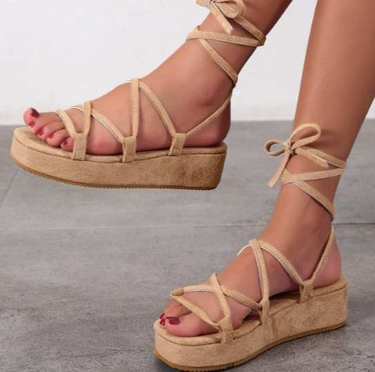 Buty na wysokim obcasie dla kobiet - sandały flatform gladiator zapinane na sznurowadła, rozmiar plus, lato (SA1344) - Wianko - 8