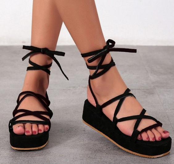 Buty na wysokim obcasie dla kobiet - sandały flatform gladiator zapinane na sznurowadła, rozmiar plus, lato (SA1344) - Wianko - 5