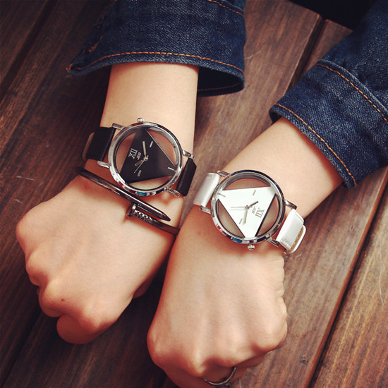 Zegarek damska z paskiem ze skóry - nowoczesny trójkątny design, przezroczysty tarczą - Wianko - 5