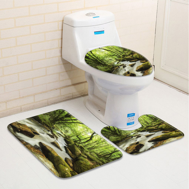 Mata łazienkowa Letni Las Dżungla - 3 sztuki - Wodospad kamień, płynąca woda, zielone rośliny - Antypoślizgowy dekor do toalety - Wianko - 3