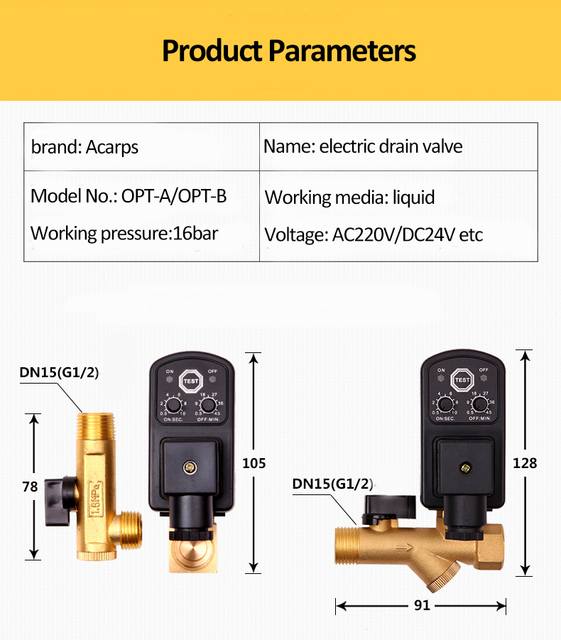 Elektryczny zawór spustowy 1/2 cala zegar mosiądz 220V 110V 24V 16bar - Wianko - 1