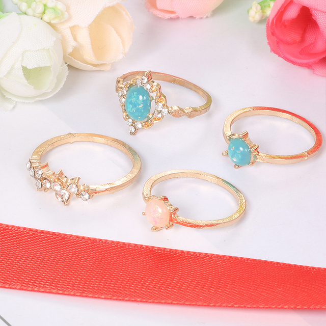 Naturalny pierścień z kolorowym kamieniem dla kobiet - 4-częściowy zestaw, prezent uroczy na Party - Wianko - 4