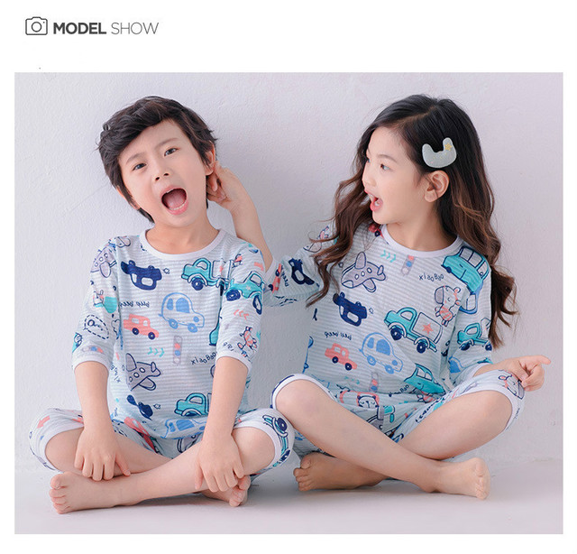 Zestaw letnich piżam dziecięcych dla chłopców i dziewczynek, półrękawowe, wykonane z bawełny - Wianko - 2