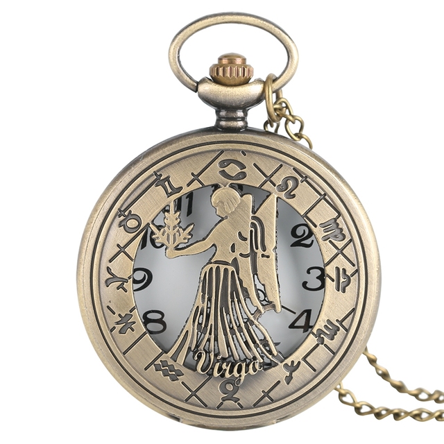Zegar kieszonkowy miedziany Vintage z motywem zodiaku - Relogio Retro, naszyjnik łańcuchowy, konstelacje, prezent mężczyznom i kobietom - Wianko - 8