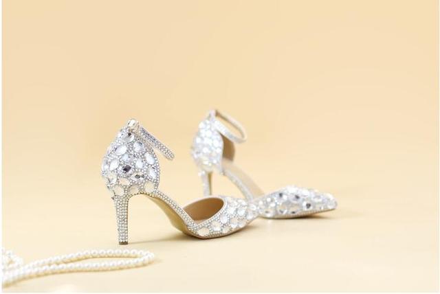 Buty damskie na słupku: Nowe punkty czubka na wesele z klamrą z paskiem na kostce, kobiece buty z kryształkami, w kolorze morskim - Wianko - 37