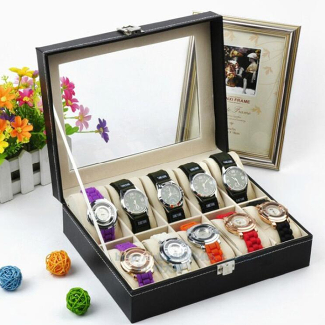 Organizer PU skórzany zegarek ze szklanym wieczkiem i 10 gniazdami - wystawka do prezentacji zegarków - Wianko - 1
