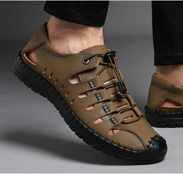 Męskie sandały z otworami, skóra wołowa, miękka podeszwa, nowa kolekcja 2021 - Wianko - 5