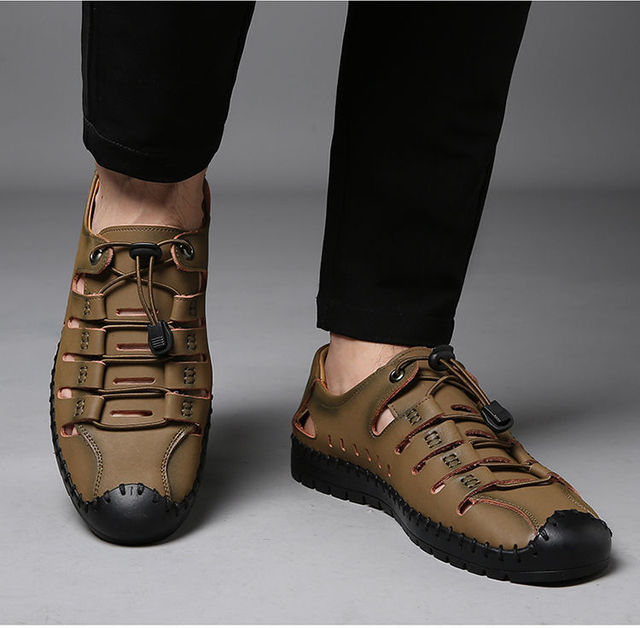 Męskie sandały z otworami, skóra wołowa, miękka podeszwa, nowa kolekcja 2021 - Wianko - 21