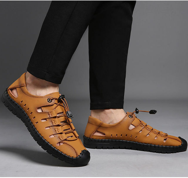 Męskie sandały z otworami, skóra wołowa, miękka podeszwa, nowa kolekcja 2021 - Wianko - 15