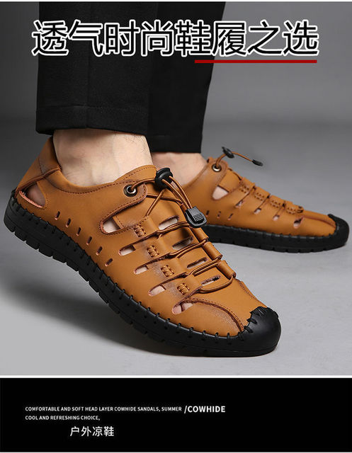 Męskie sandały z otworami, skóra wołowa, miękka podeszwa, nowa kolekcja 2021 - Wianko - 8