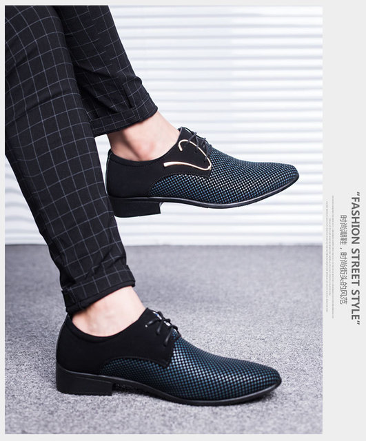 Męskie skórzane buty biznesowe w kratkę, rozmiar 38-48, czarne, spiczaste, oddychające - Wianko - 6