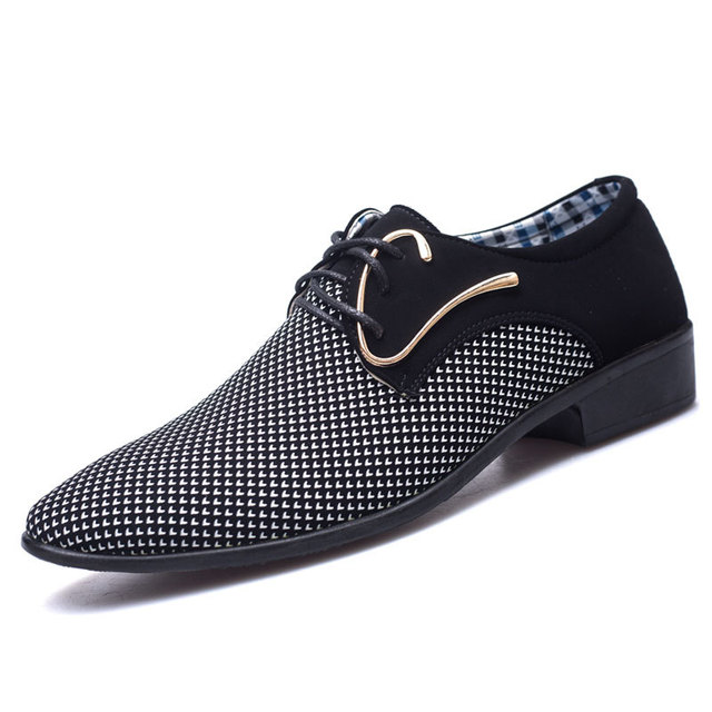 Męskie skórzane buty biznesowe w kratkę, rozmiar 38-48, czarne, spiczaste, oddychające - Wianko - 3