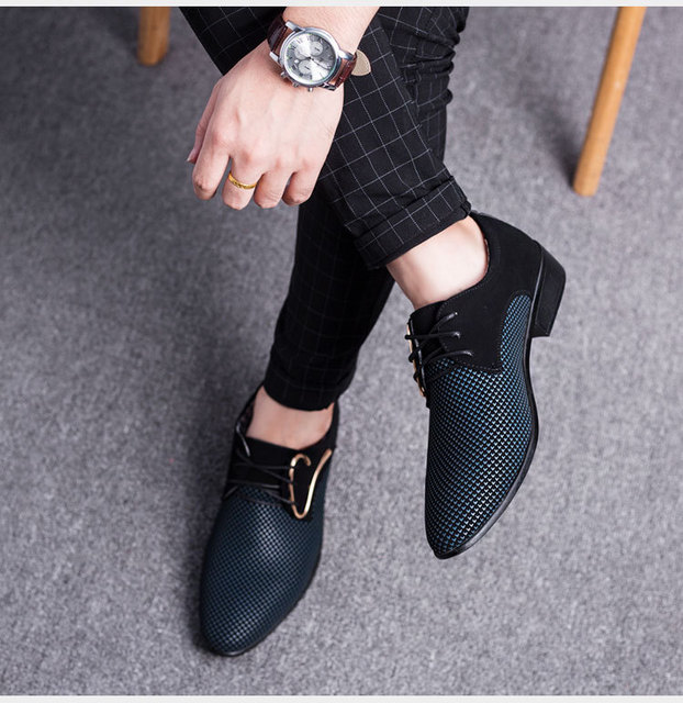 Męskie skórzane buty biznesowe w kratkę, rozmiar 38-48, czarne, spiczaste, oddychające - Wianko - 5