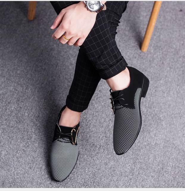 Męskie skórzane buty biznesowe w kratkę, rozmiar 38-48, czarne, spiczaste, oddychające - Wianko - 11