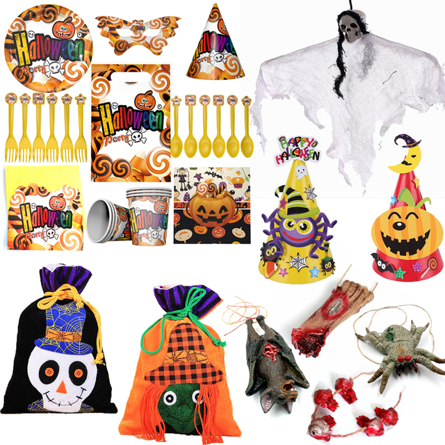 Halloween - Jednorazowe zastawy stołowe w zestawie Horror, dekoracje dynia, szkielet, czarownica - prop do zawieszenia, torba ze sznurkiem - strona główna Favor - Wianko - 21