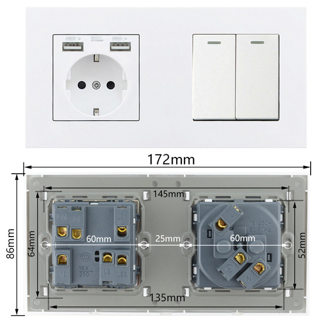 Podwójne gniazdo zasilania i USB Avoir DE EU RU, 1-4 gang, z włącznikiem światła, tworzywo sztuczne - Wianko - 2